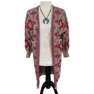 Aztec Southwestern Open Cardigan / Duster Sweater Tan Pink Turquoise Sz S